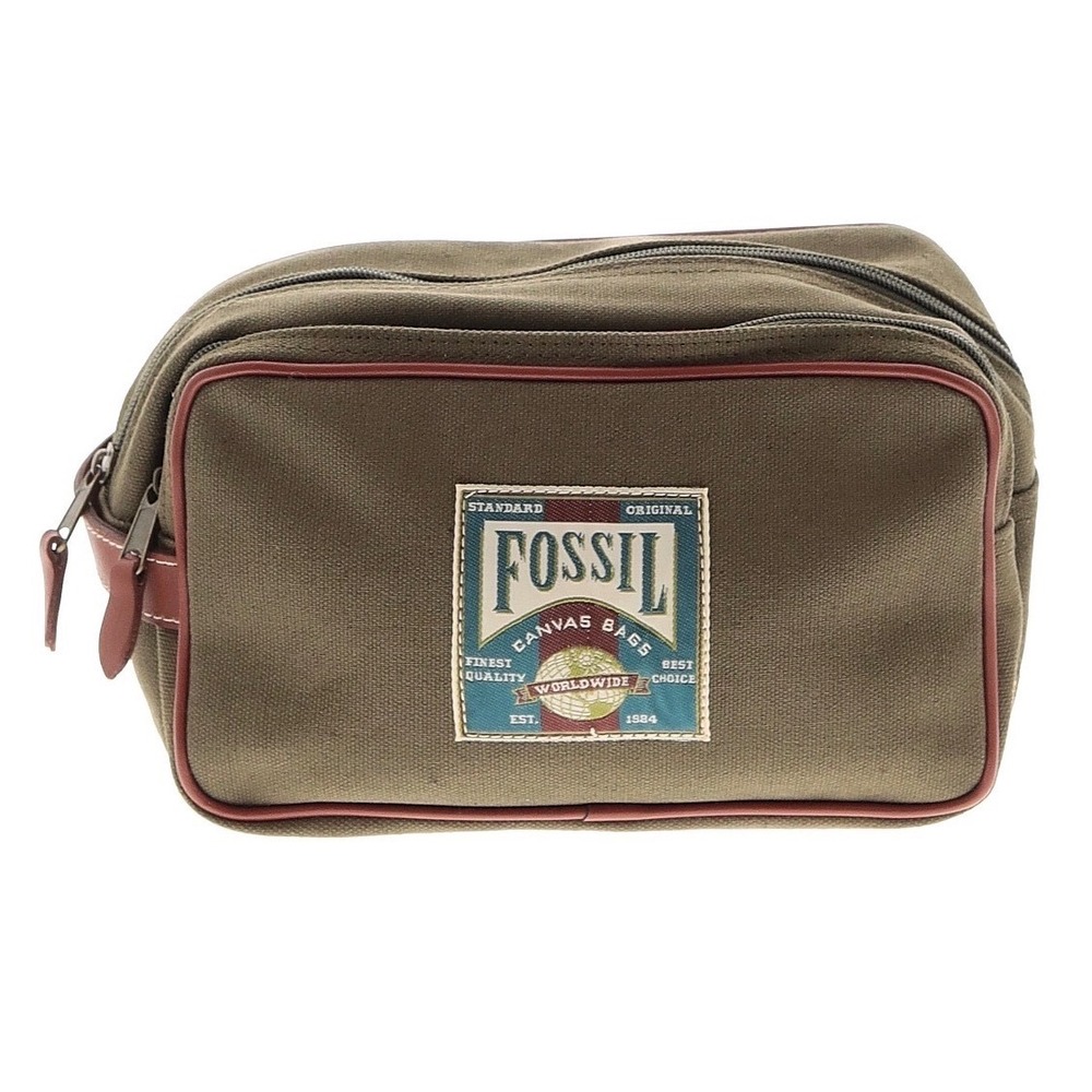 Fossil Unisex Canvas Dopp Kit Toiletry Bag Olive Green Double Zip Travel Pouch